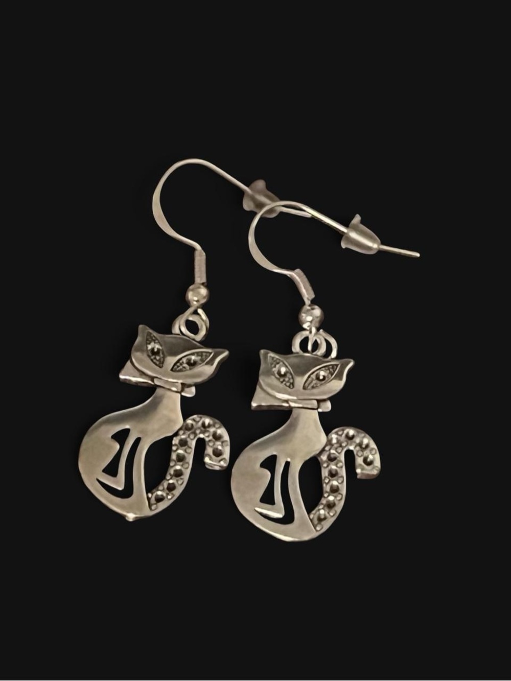 Silver Cat Dangle Earrings- 925 Sterling Silver hooks